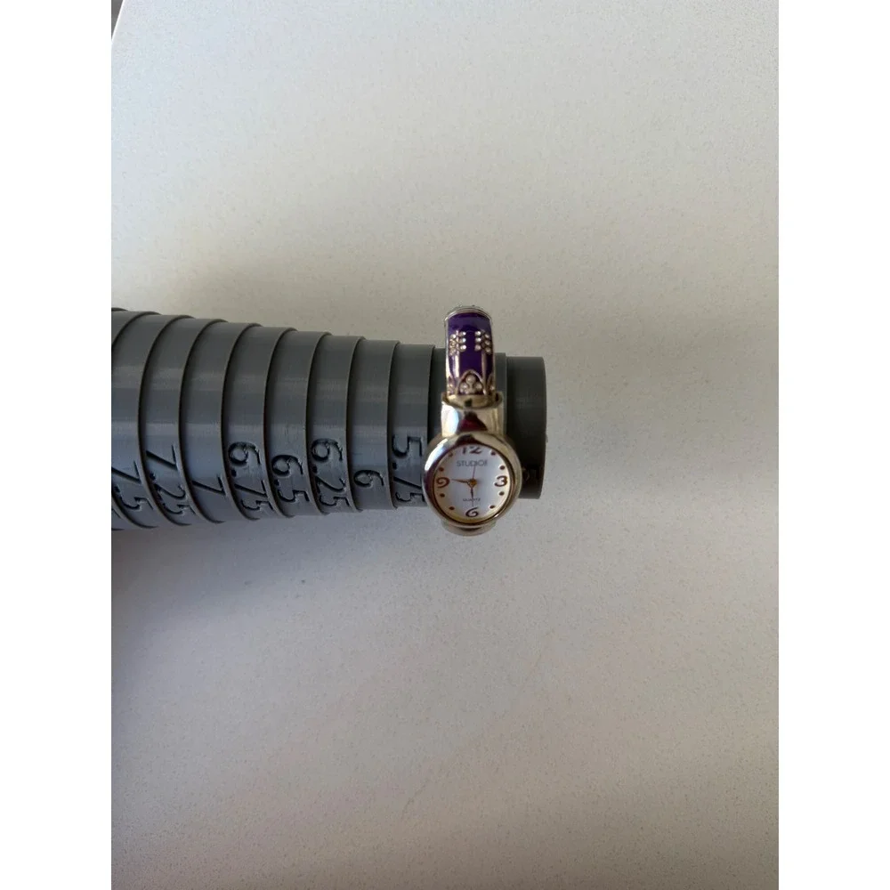 Studio Silver Tone Purple Enamel Bangle Cuff Watch Rhinestone Accents 5.5 Inch